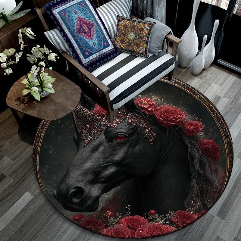 Schwarzes Pferd Runder Teppich, Teppich für Wohnzimmer Schlafzimmer Sofa Spielzimmer Dekor, Rutschfeste Fußmatte