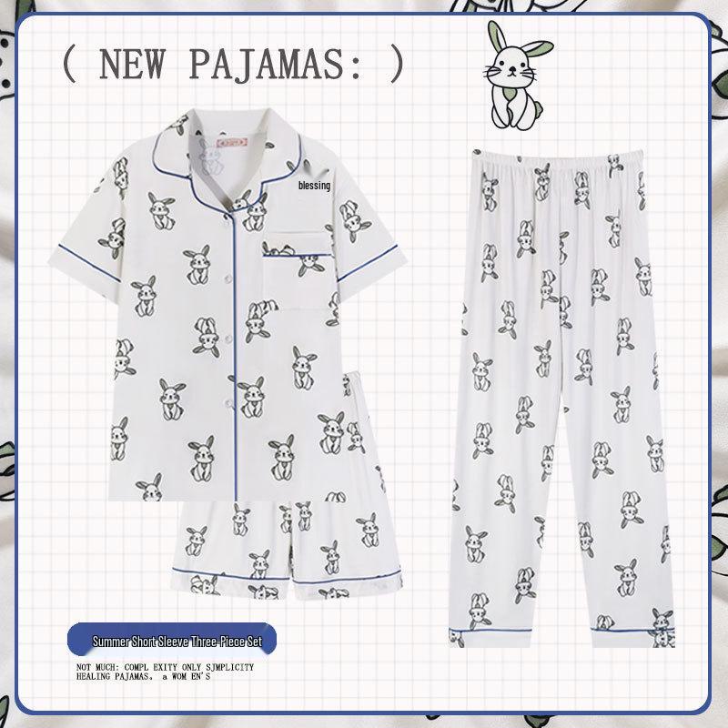 Pastoral Women's Pajama Set: Soft, Cute Rabbit Design, Short-Sleeve, Casual Three-Piece Loungewear.