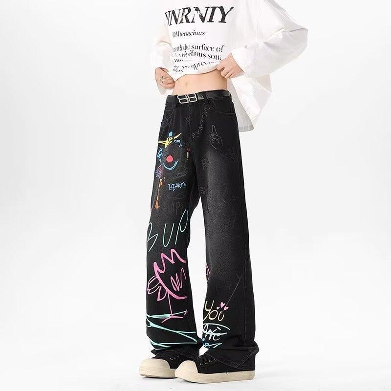 American graffiti print straight jeans women's spring new high street design sense loose wide leg mopping pants