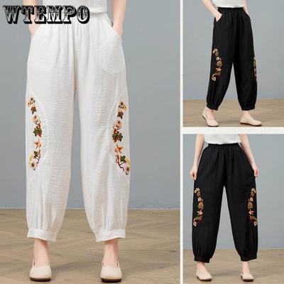 Summer Women's Cotton and Hemp Embroidered Haren Pants Middle Aged and Elderly Large Loose Haren Pants Mom Cropped Pants