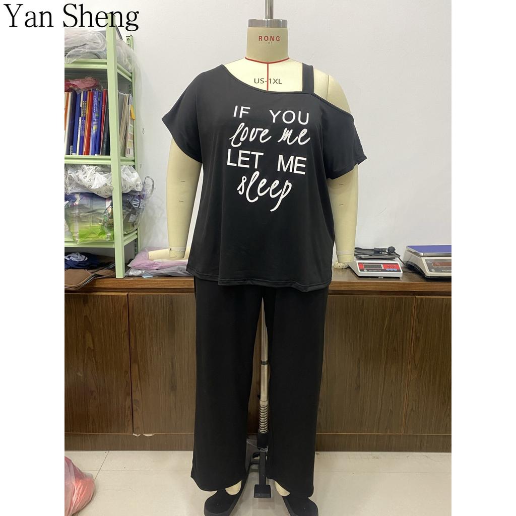 Women Pajama Set,Plus Size Off‑Shoulder Letter Print Loose Short Sleeve Long Pants Loungewear For Sleep Home Wear