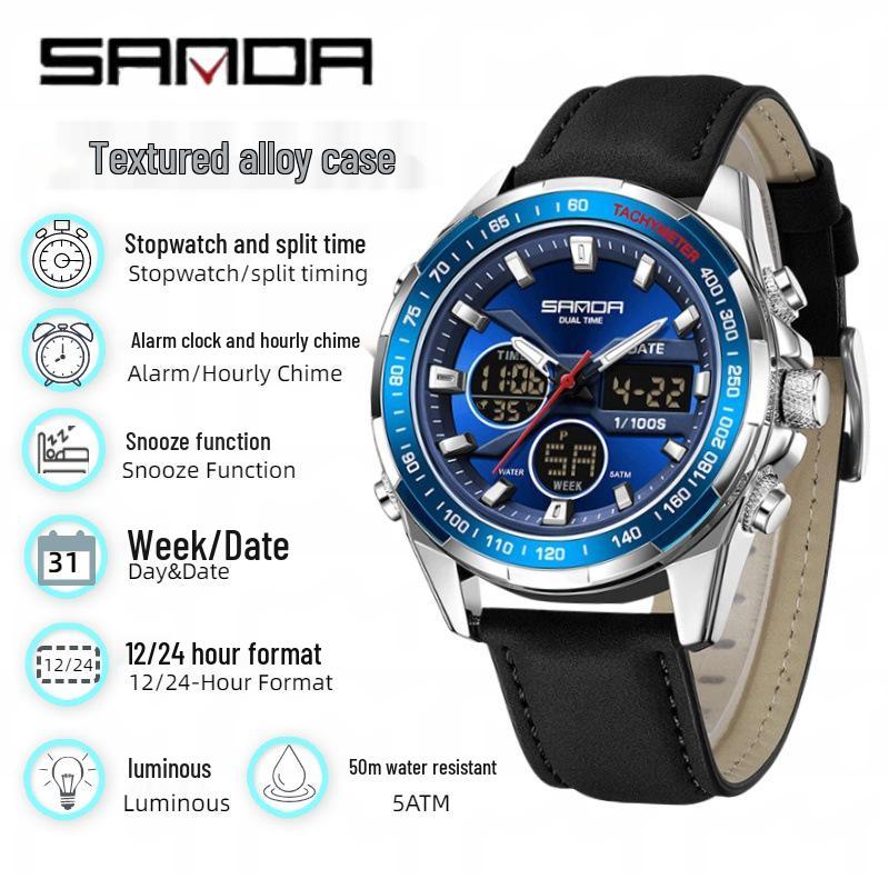 Sanda Men's Waterproof Dual Display Multi-Function Watch with Timer, Snooze, and Night Light.