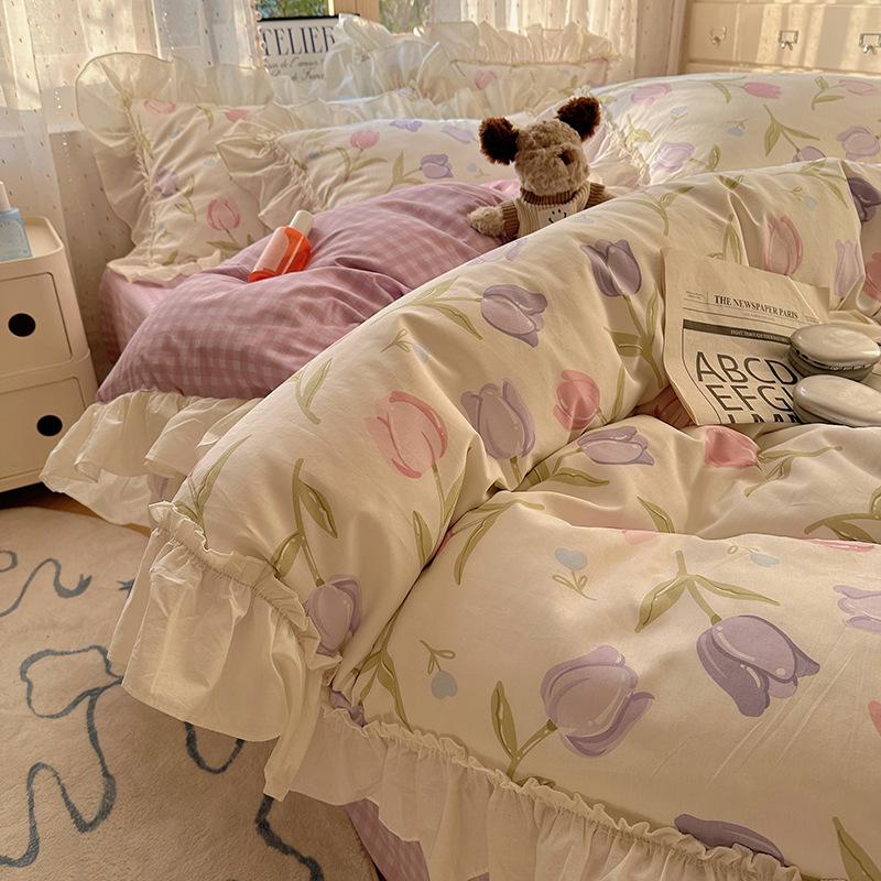 French Lace Bed Four-piece Set Pure Cotton Skin-friendly Comfortable Breathable Washed Bed Sheet Quilt Cover Pillowcase