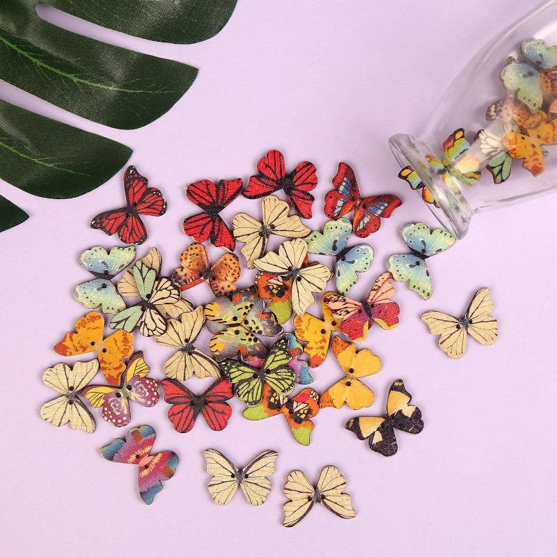 50Pcs 25mm Butterfly Wooden Buttons Colorful 2 Holes Mixed Decorative Buttons for DIY Sewing&Wood Craft Clothes Accessories