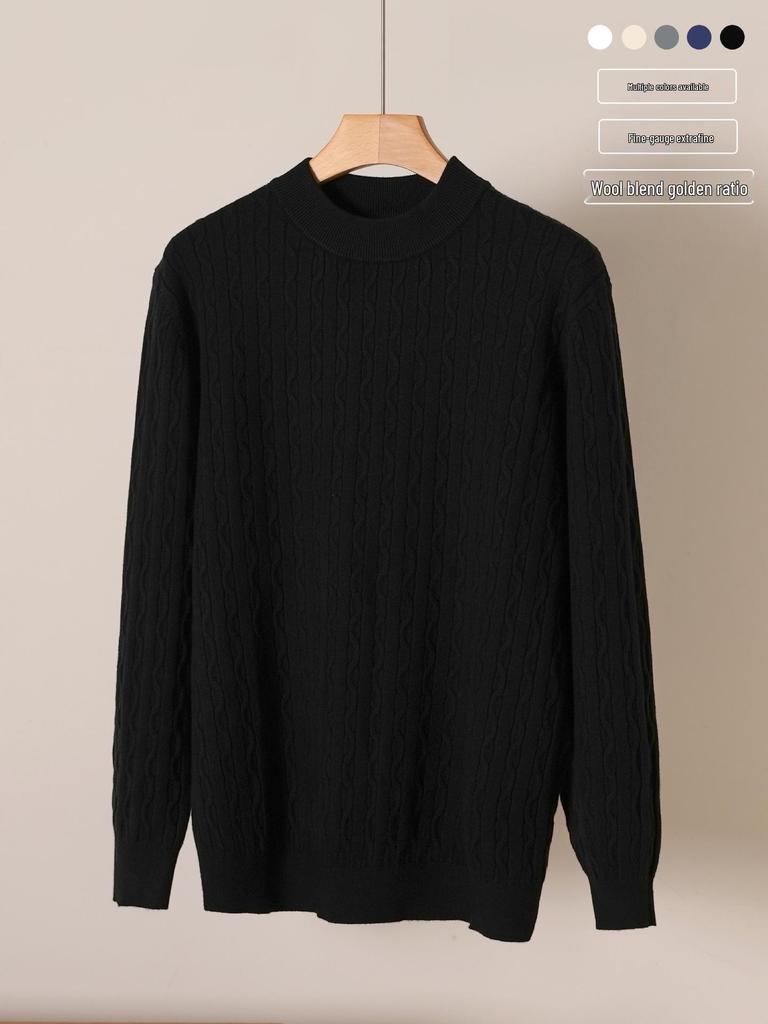 Herren Herbst- und Winter Pullover mit Zopfmuster aus Wolle - Einfacher Rundhalsausschnitt, Langarm, Einfarbige Farbe.