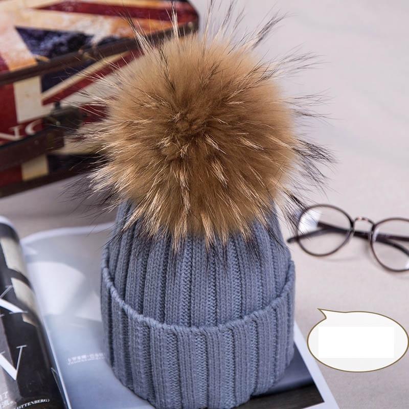 Real Winter New Raccoon Fur Hats Pom Pon Women Lady Knit Beanie Bobble Cap