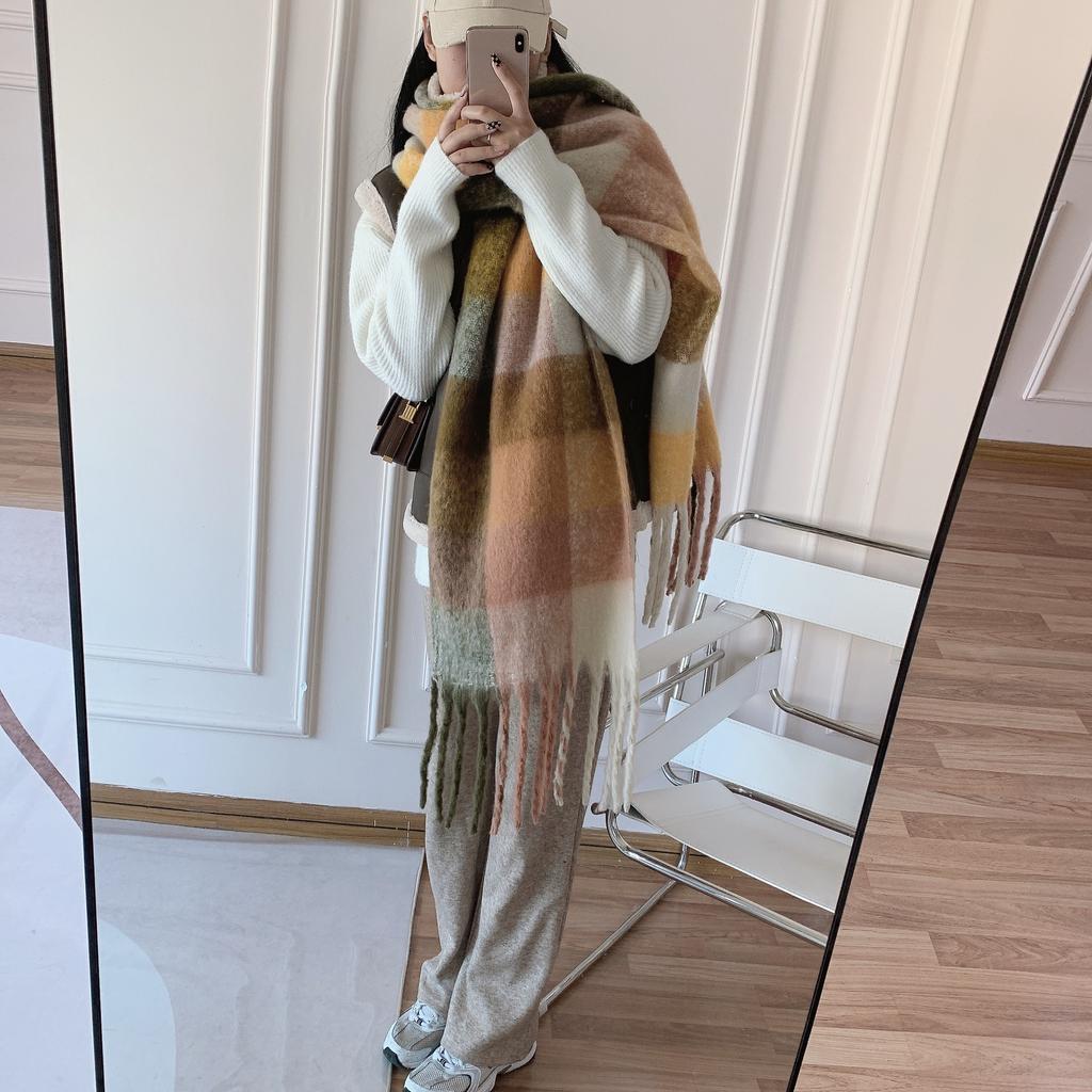 Herbst Winter Damen Verdickter Übergroßer Blauer Karoschal mit Fransen Fleece-ähnlicher Kaschmir Warmer Nackenwärmer Studenten Großer Schal