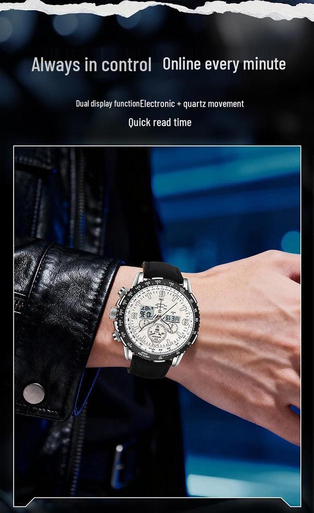 Orologio da polso da uomo Sanda a doppio movimento con display a tre finestre, multifunzioni, cinturino in pelle e acciaio e funzione impermeabile.
