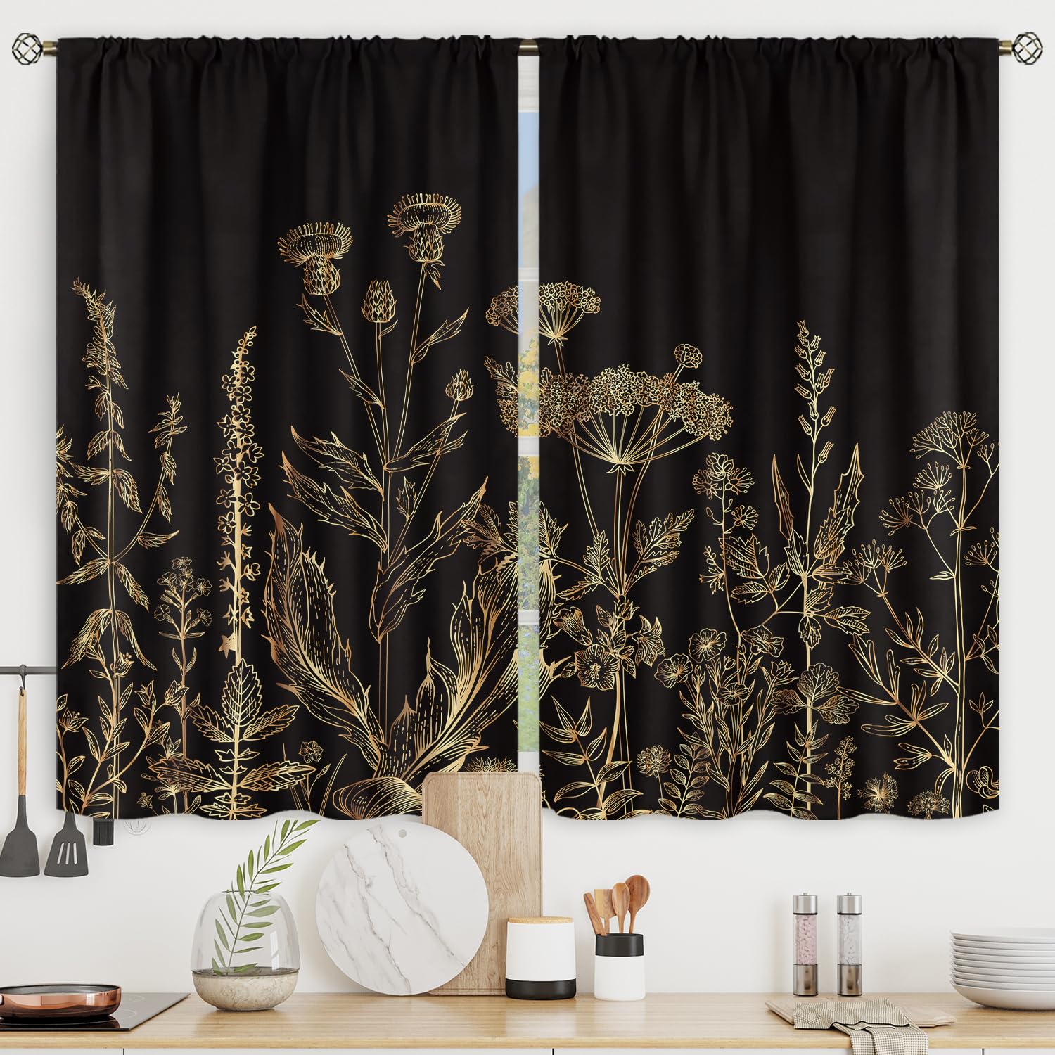 

2 Panels Kitchen Curtains Cafe Curtains Green Leaves Plant Botanical Rod Pocket Living Room Bedroom Window Drape Treatment 27.5x39in