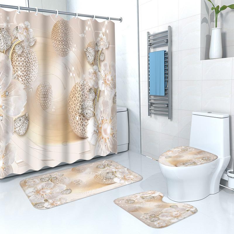 4Pcs Shower Curtain Set with Non-Slip Bath Mat, Toilet Lid Cover, Contour Rug & 12 Hooks, Bathroom