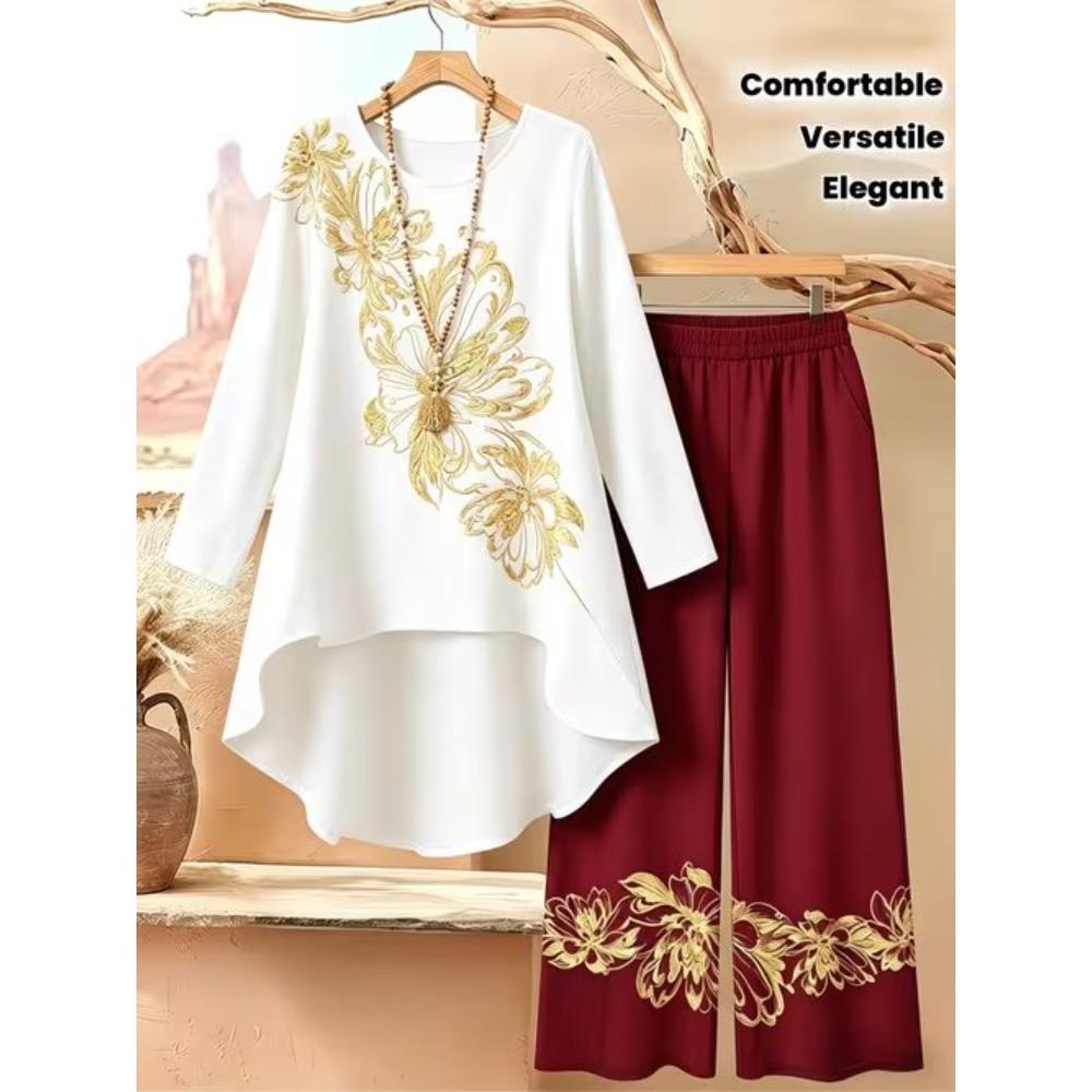 Geometric Pattern Print Two Piece Outfit Women Long Sleeve Irregular Hem Tunic Top Wide Leg Pants Casual Matching Set