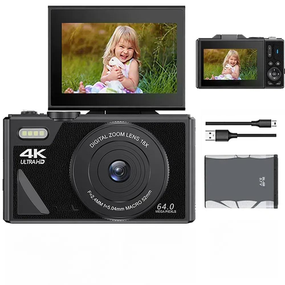 64MP WIFI 4K Dijital Kamera 180° Döner Ekran Selfi Kamerası Küçük Taşınabilir 18X Dijital Zoom Vlog Kamerası