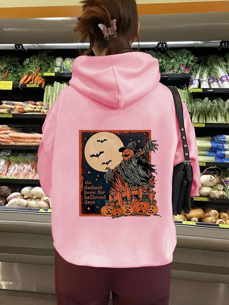 European Size Women's Halloween Print Kangaroo Pocket Hoodie - Long Sleeve, Plus Velvet, Autumn/Winter