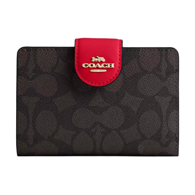 

COACH SignatureCanvas ogo snap closure Premium leather Wallet Women s Walnut with red Walnut with red червоний