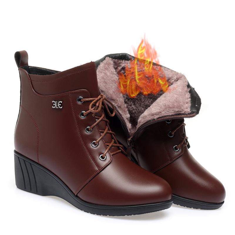 Autumn Winter Warm Fur Cotton Thick Shoes Women's High Heels Leather Wedges Soft Bottom Flat Bottom Ankle Boots