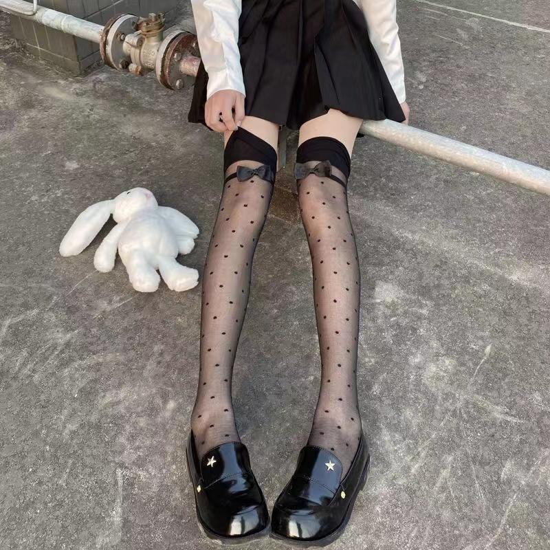 Sexy Women's Hosiery Classic Black Small Polka Dot Stay Up Thigh High Silk Stockings Hose.Ladies Bow Stockings Tights Pantyhose