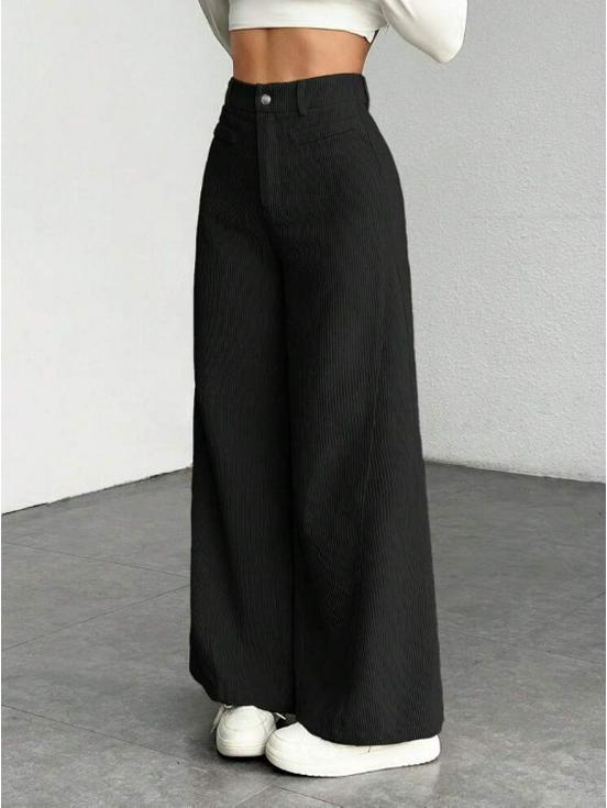 High Waist Corduroy Women's Wide Leg Pants - Casual, Loose, Floor-Length, Solid Color.