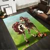 Colorful Horse Pattern Rug with Floral Details, Green Field Background Suitable for Use As an Anti-slip for Living Room Bedroom Sofas