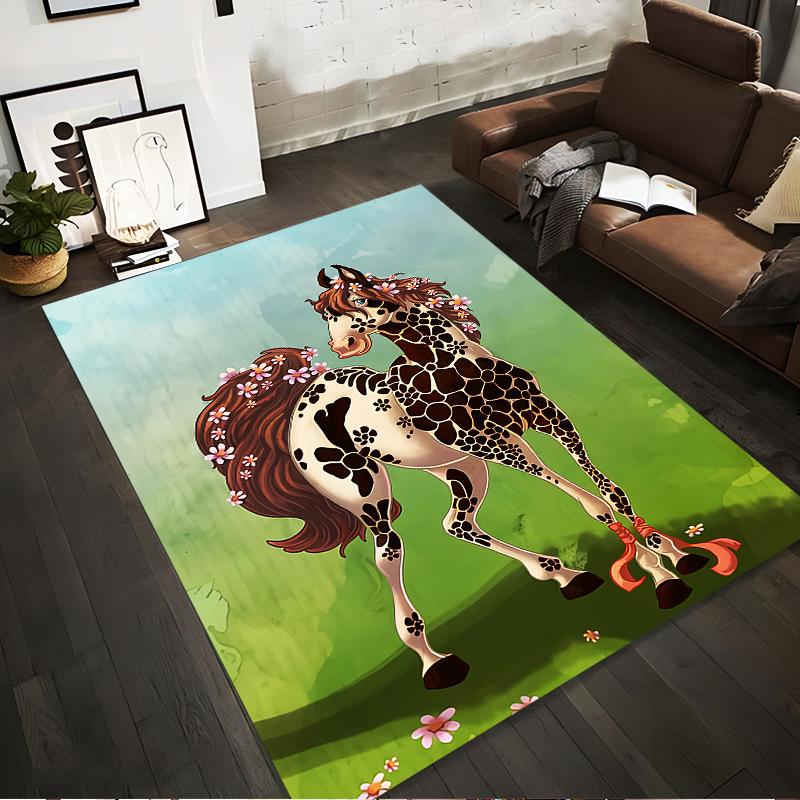 Colorful Horse Pattern Rug with Floral Details, Green Field Background Suitable for Use As an Anti-slip for Living Room Bedroom Sofas