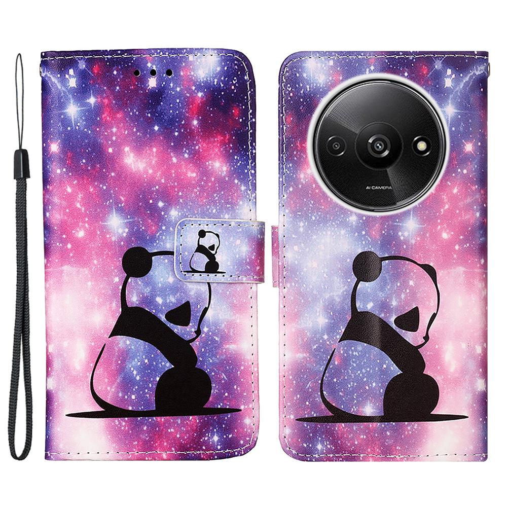 For Xiaomi Redmi A3/Poco C61 4G Leather Case with Strap and Card Holder Pattern Printing Phone Stand Cover