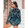 Plus Size Casual Bikini Set, Women's Plus Tropical Print Bra & Panty & Long Sleeve Surplice Neck Drawstring Ruched Side Romper Bikini 3 Piece Set