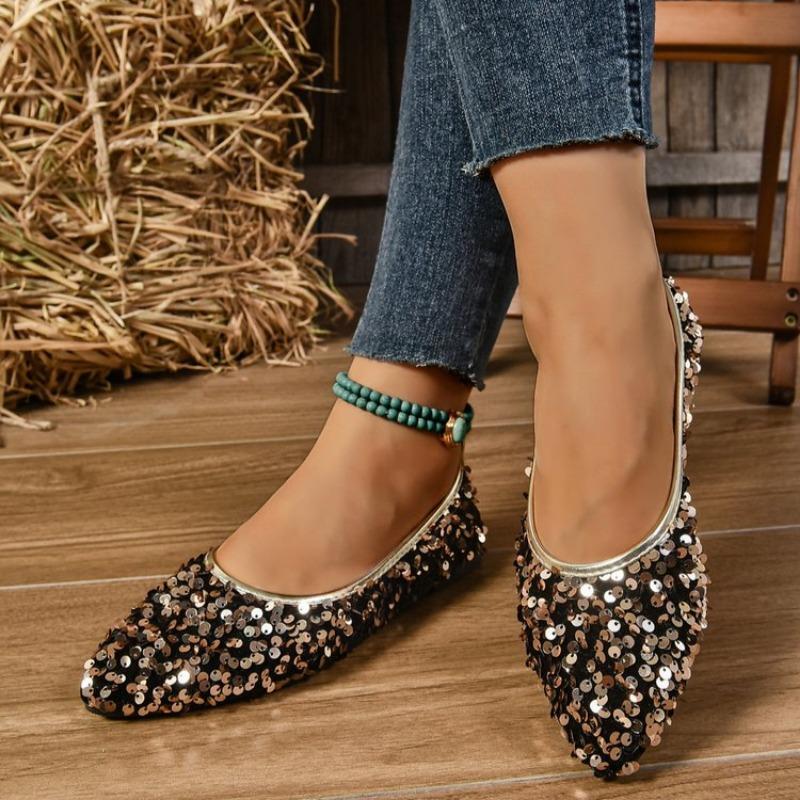 Summer New Single-shoe Women's Pointed Head Shallow Mouth Glitter Cloth Soft Sole Anti-slip Wear-resistant Flat Shoes