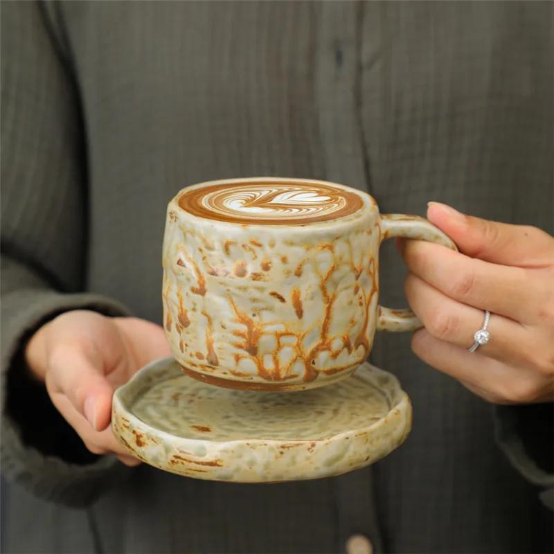 Retro Ceramic Cup Cross-border Mug Japanese Style Simple Afternoon Tea Cup Creative Coarse Pottery Coffee Cup Saucer Set