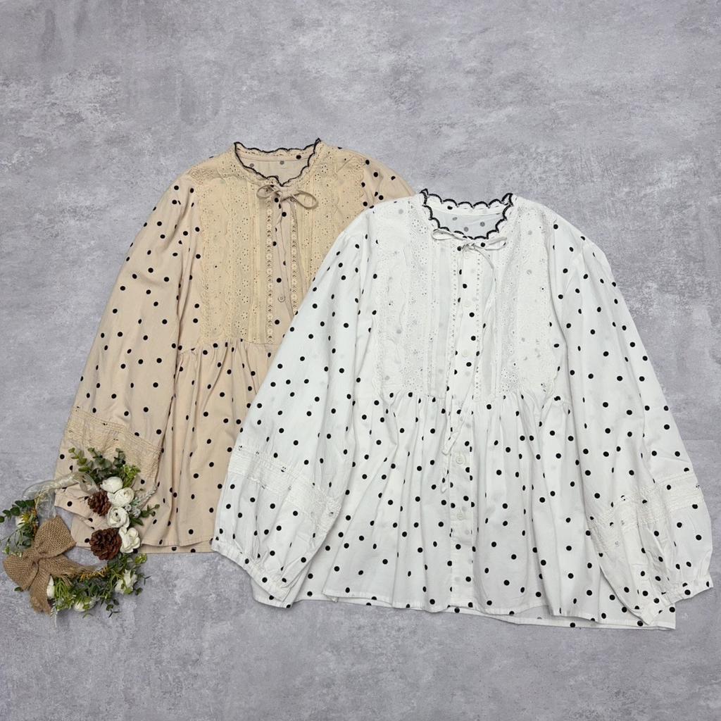 Johnature Japanese Embroidery Lace Polka Dot Shirt Spring Summer Casual Balloon Sleeve Shirt Women Loose Forest Tops