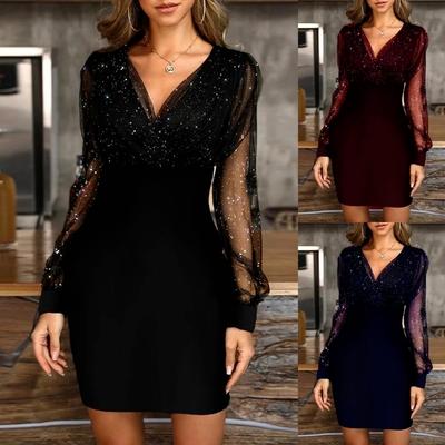 Fashion Sexy Midi Casual Dress Women Black Retro Gazue Sequins Long Sleeved Female Party Culb Dresses