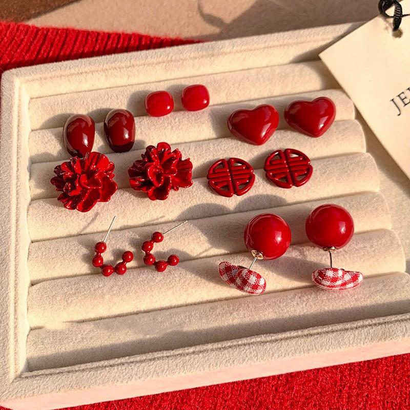 2025 Blooming Red Flower Stud Earrings for Women Elegant Simple Heart Geometry Earrings Aesthetics New Year Jewelry Gifts