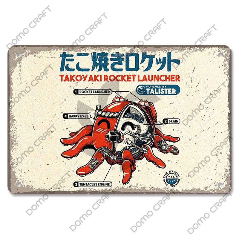 Retro Japanese Cartoon Comics Poster Metal Plate Takoyaki Noodles Fish Metal Sign Dining Room Club Wall Decor