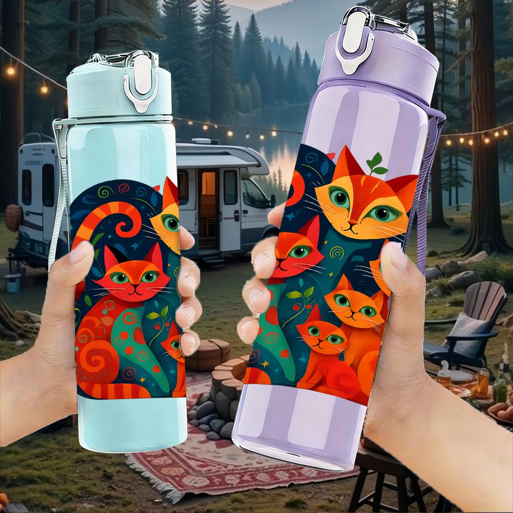 1PC Multicolor Stacked Cat Group 750ml Color Plastic Sports Water Bottle Leakproof Flip Straw Lid For Sports Office Home Use