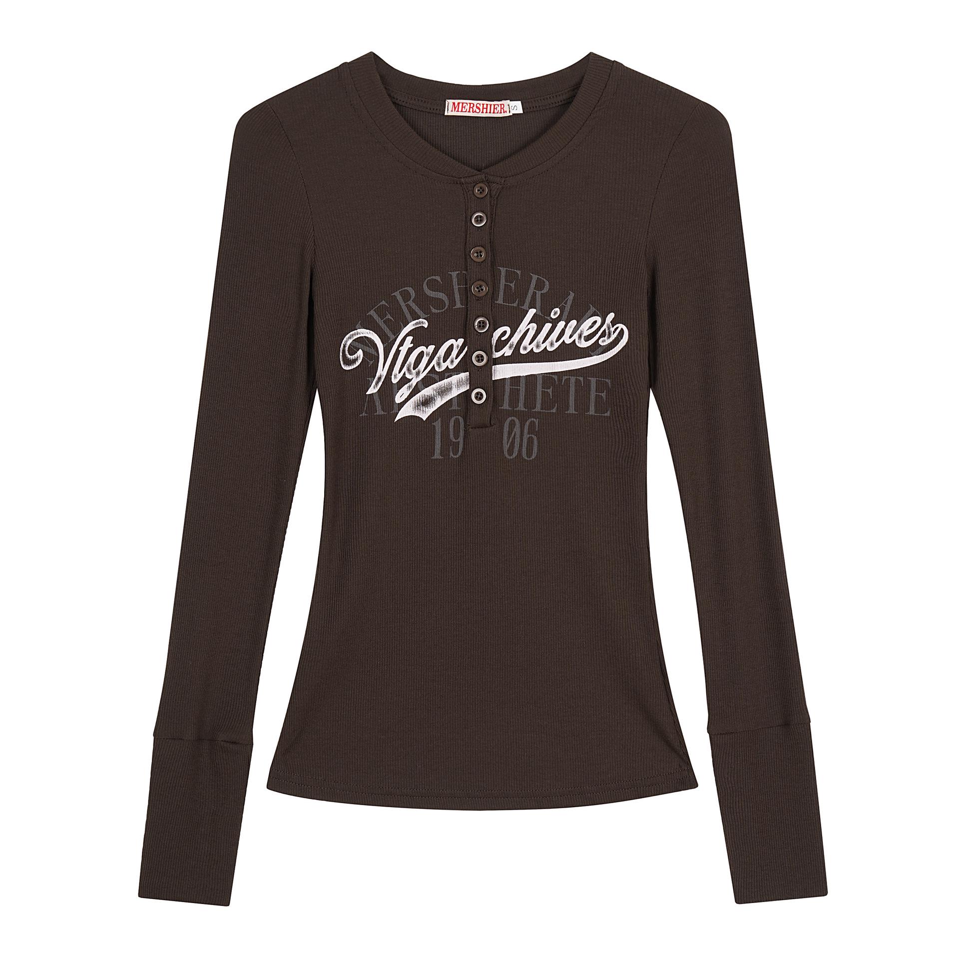 Women s American Letter Print Henley Long Sleeve Slimming Top Medium кофейный