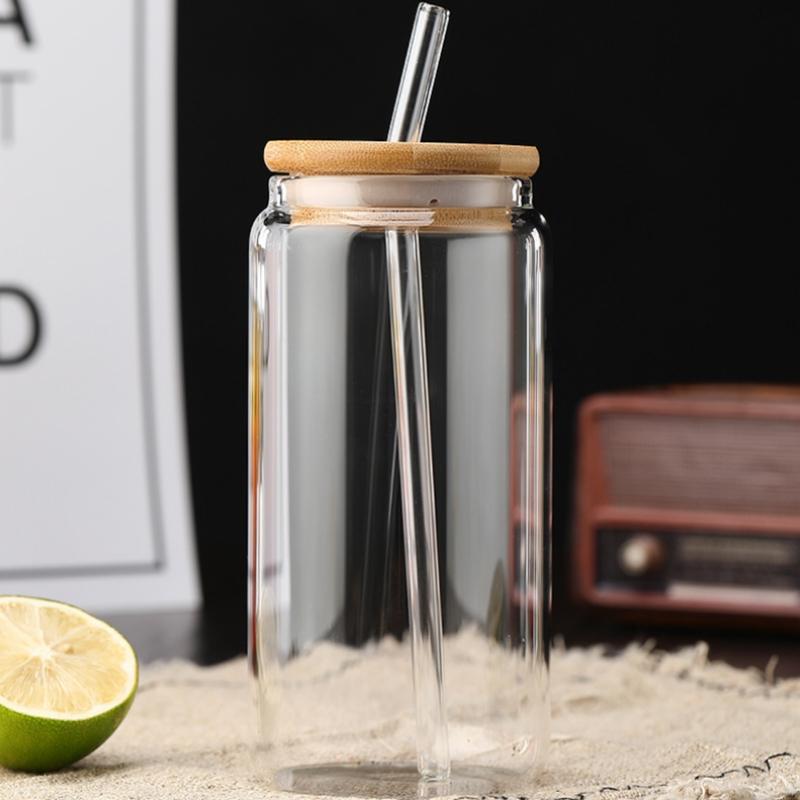 450ml/550ml Glass Cups with Bamboo Lids and Straw 1pc Mason Jars Coffee Mug Beer Can Shaped for Cocktail Milk Juice Cola Gift