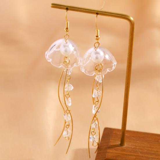 1 Pair Hook Earrings, Jellyfish Design Long Draped Tassel Earrings, Translucent Imitation Pearl Beads Drop Earrings for Beach Vacations Daily Wear