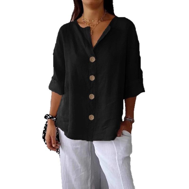 Fashion New Loose Casual Shirt Plus Size Summer and Autumn Women's V-neck Buttons T-shirt Elegant Solid Color Simple Top Woman Basic Sweet Blouse