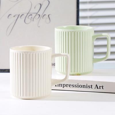 Simple Solid Ceramic Couple Cups Korean White Vertical Stripes Cream Style Coffee Cups Women High Quality Thick Breastfast Mug