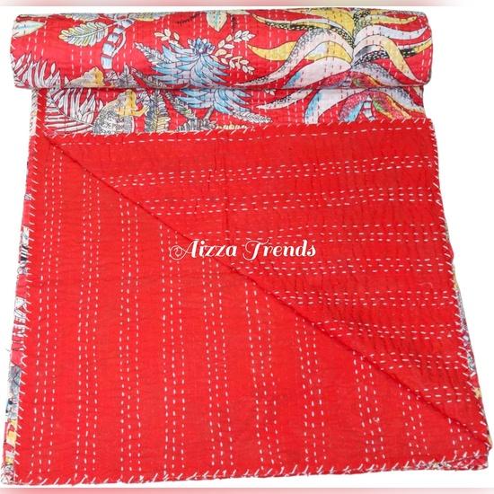 Aizza Trends Ručně vyráběná přikrývka Kantha z čisté bavlny s potiskem opice - Tradiční vzhled přehoz na postel Kantha Gudri - Vintage ručně šitá Gudri