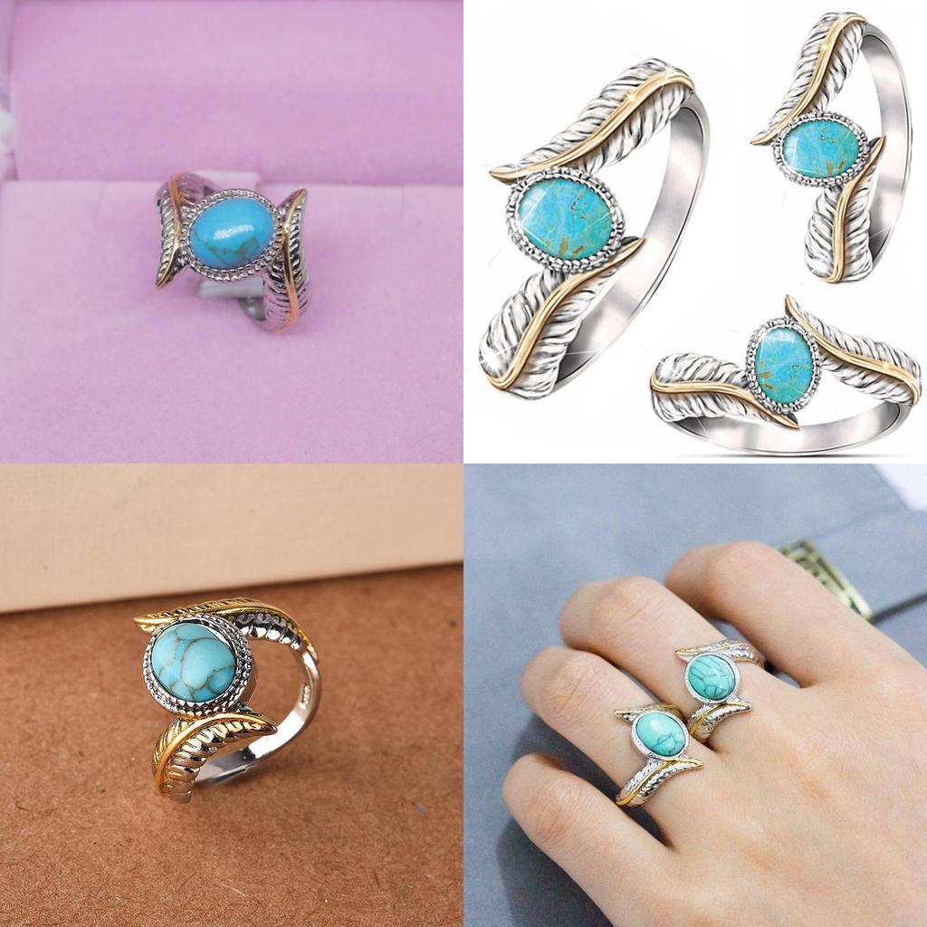 Geometric Turquoise Feather Ring For Women With Alloy Jewelry For Party And Engagement