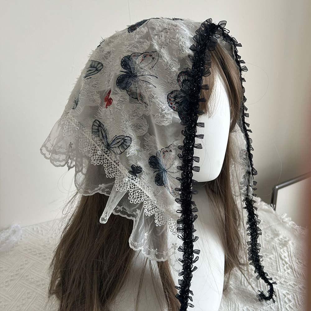 White Lolita Headscarf 3D Butterfly Lace Hair Band  Travel Beach Picnic Photoshoot