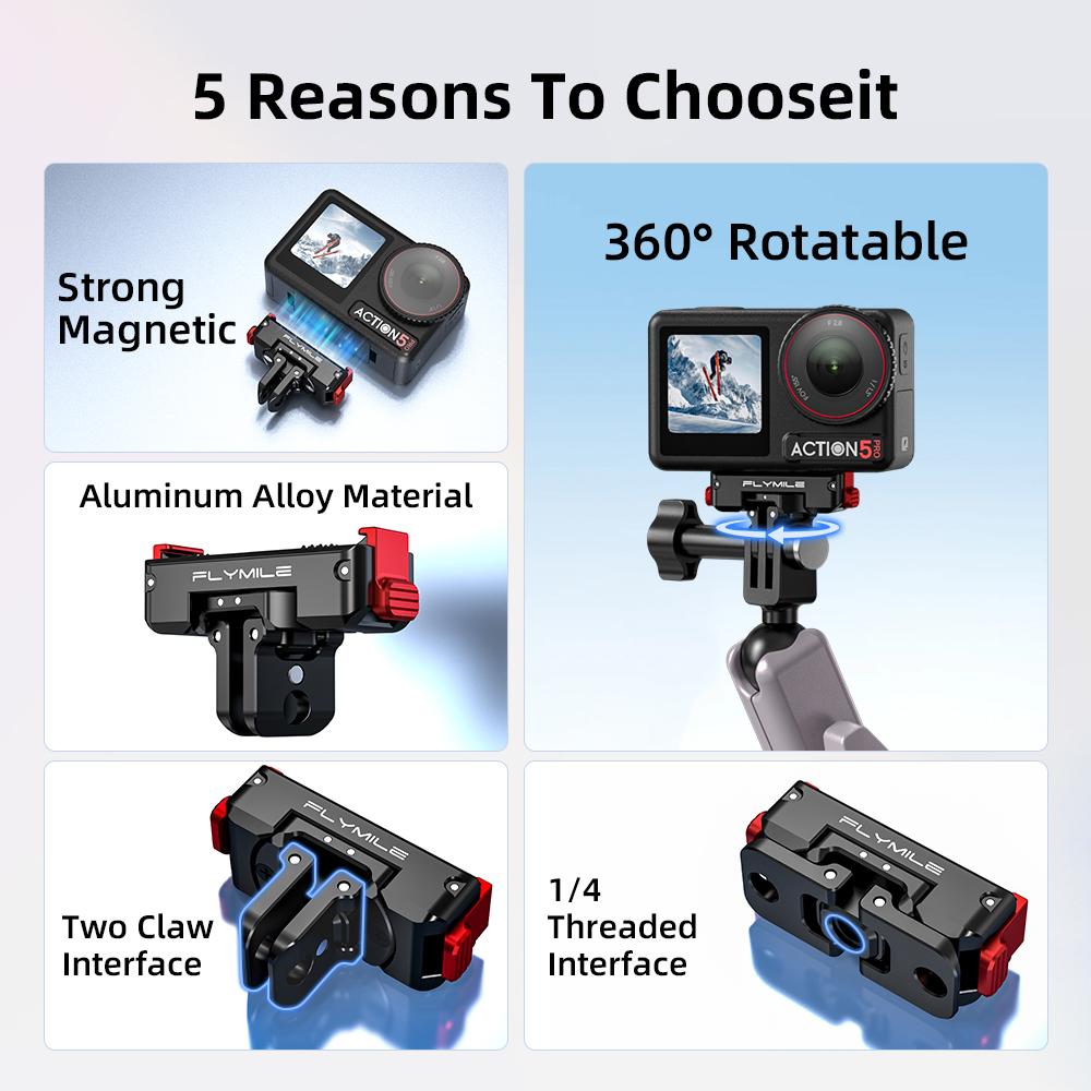 Flymile Magnetic Mount Adapter for DJI OSMO 360 Action 5 Pro 4 Camera Metal Quick Release Base Rotatable Bracket With 1/4" Hole