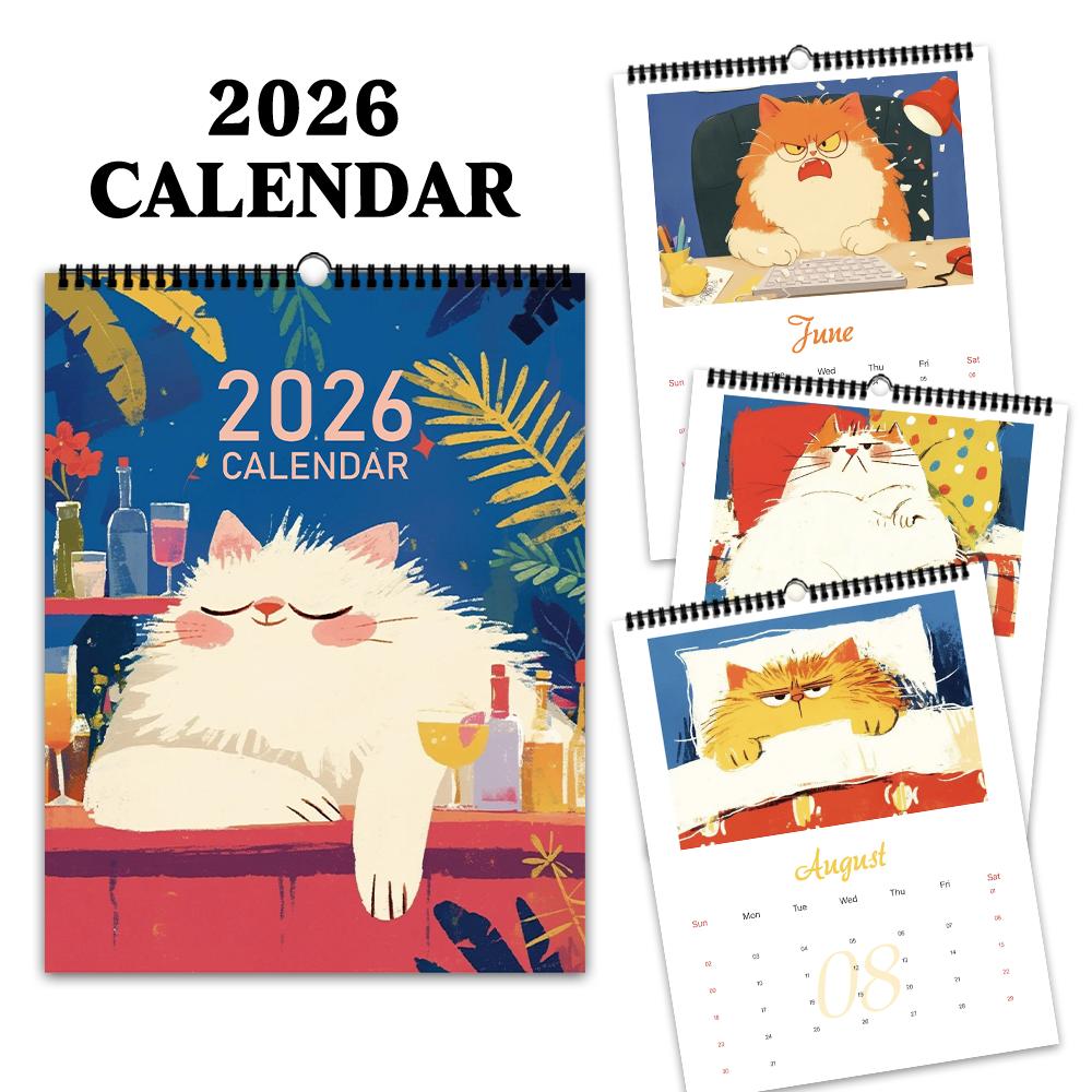 1pc 2026 Wall Calendar, Cartoon Hand-Drawn Cat Theme, 12 Beautiful Designs, Perfect Gift for Birthdays, Christmas, New Year