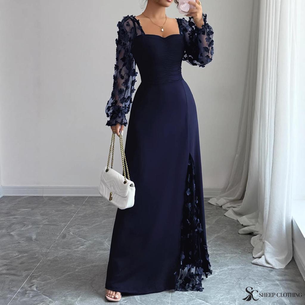 Dames Elegante Vierkante Hals Pofmouwen Mesh Inzet Jacquard Maxi Jurk 3D Slankmakend A-lijn Swing Lange Jurk