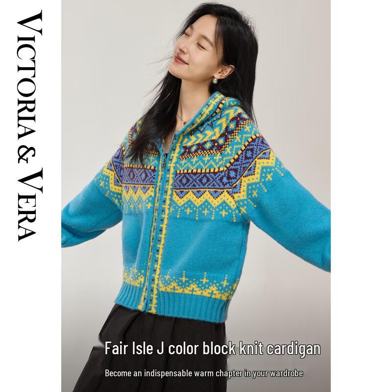 

VICTORIA&VERA Women s Fair Isle Color Block Hooded Zipper Knit Sweater XL