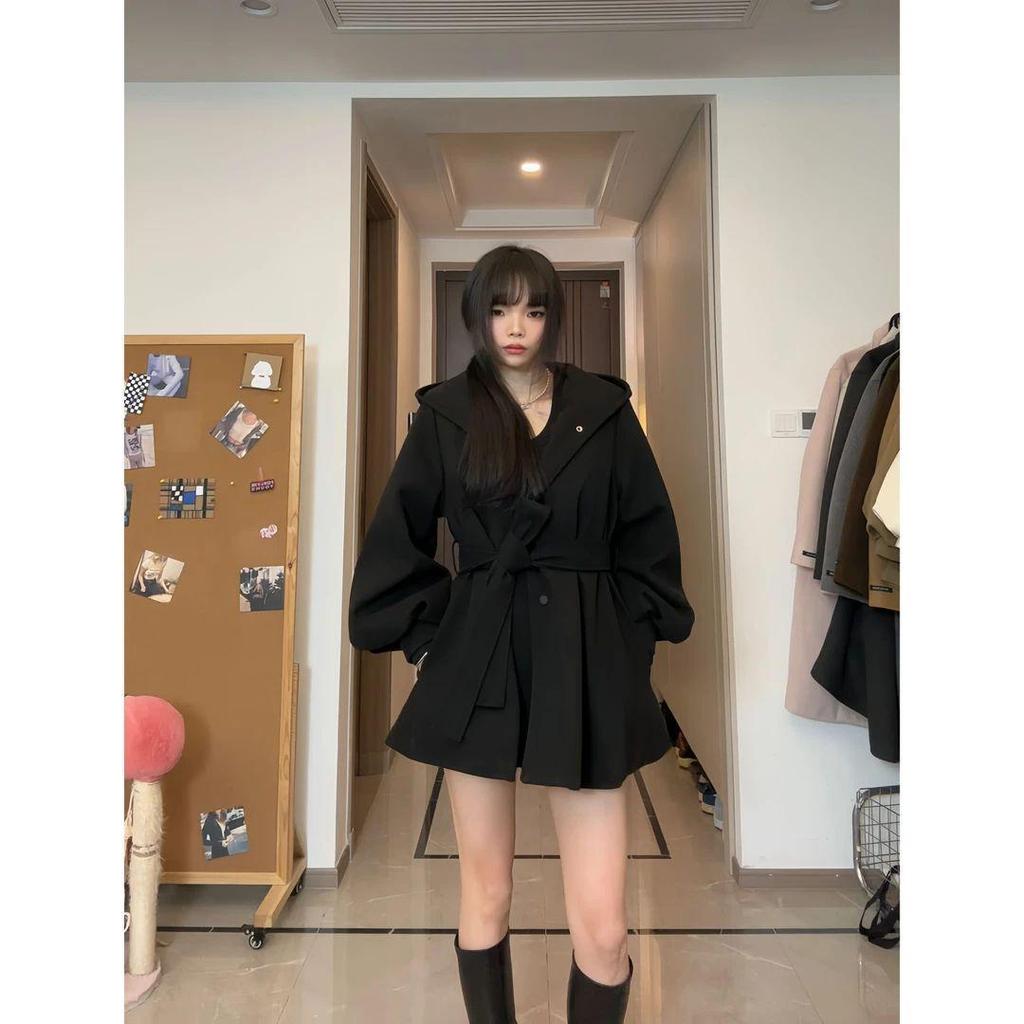 Women's Stylish Red Hooded Woolen Coat - Autumn/Winter Design, Tie-Up Waist, Unique, Sophisticated Overcoat