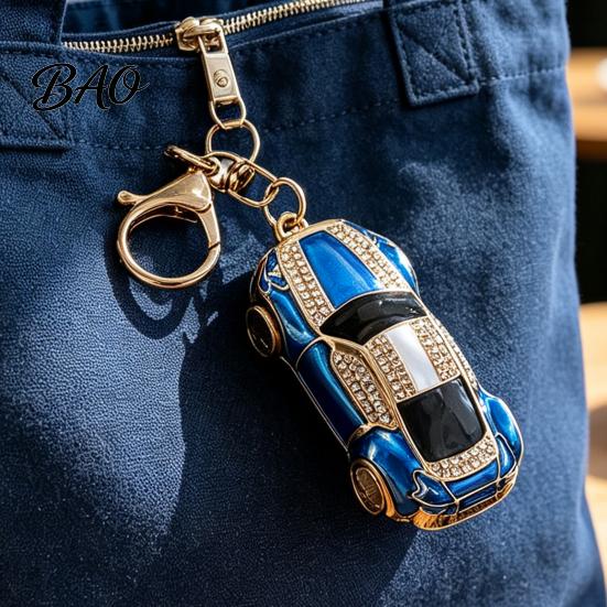 Cute Backpack Charm Sports Car Keychain with Sparkling Rhinestones, Durable Zinc Alloy Luxury Accessories Stylish Pendant, Decorative Compact Key Ring