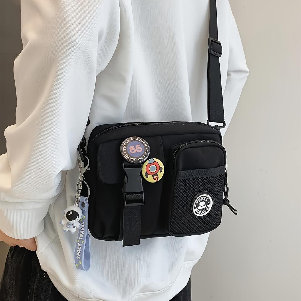 Unisex Couple'S Style, Badge-Decorated Release Buckle Square Multi-Pocket Bag with Strap, Suitable for Crossbody Or Shoulder Use