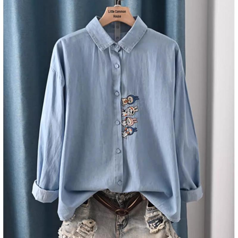Women's Retro Cartoon Embroidered Cotton Denim Shirt - Long Sleeve, Casual Top for Spring/Autumn 2025