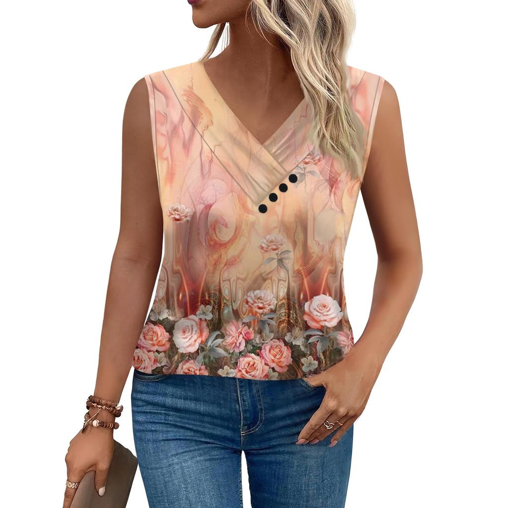 Canotta da donna vintage con stampa floreale, T-shirt estiva a maniche corte con bottoni e scollo a V, top alla moda ampio