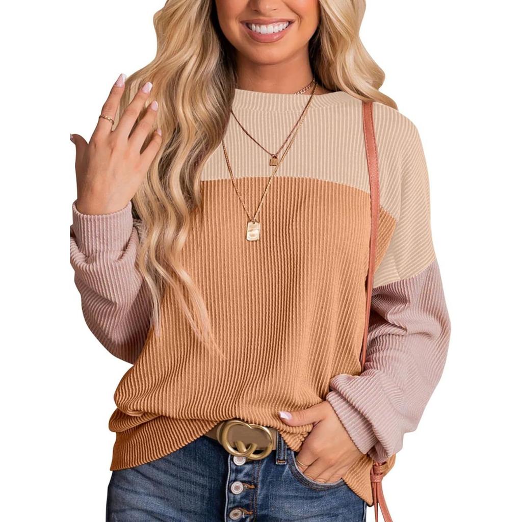 New Color Block Casual Loose Pullover Sweatshirt T-shirt for Women, European American Style Crossbody Women's Top